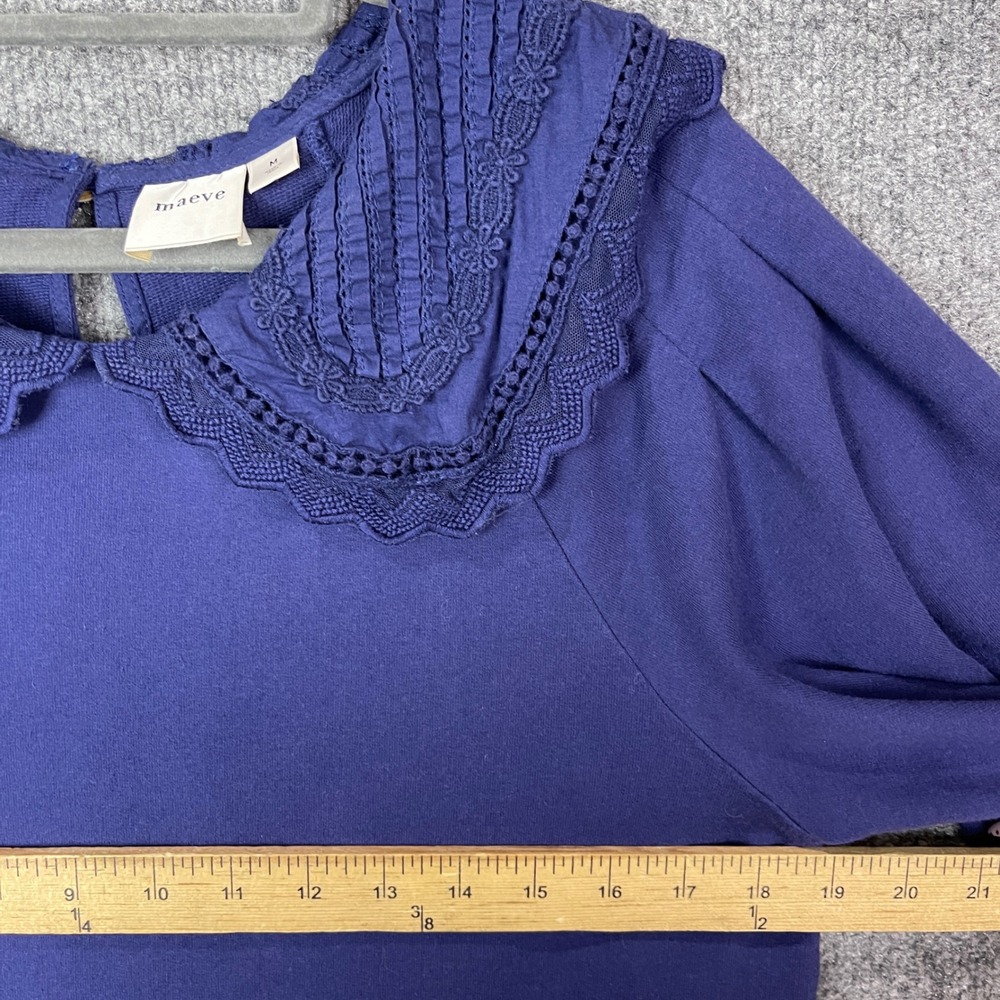 Maeve Anthropologie Top Womens Medium Blue Peter Pan Collar Lace Trim - Picture 4 of 8